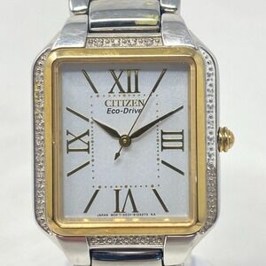 Citizen Ciena Eco-Drive Womens Watch 29mm Silver Gold Two Tone Tank Crystals 7"